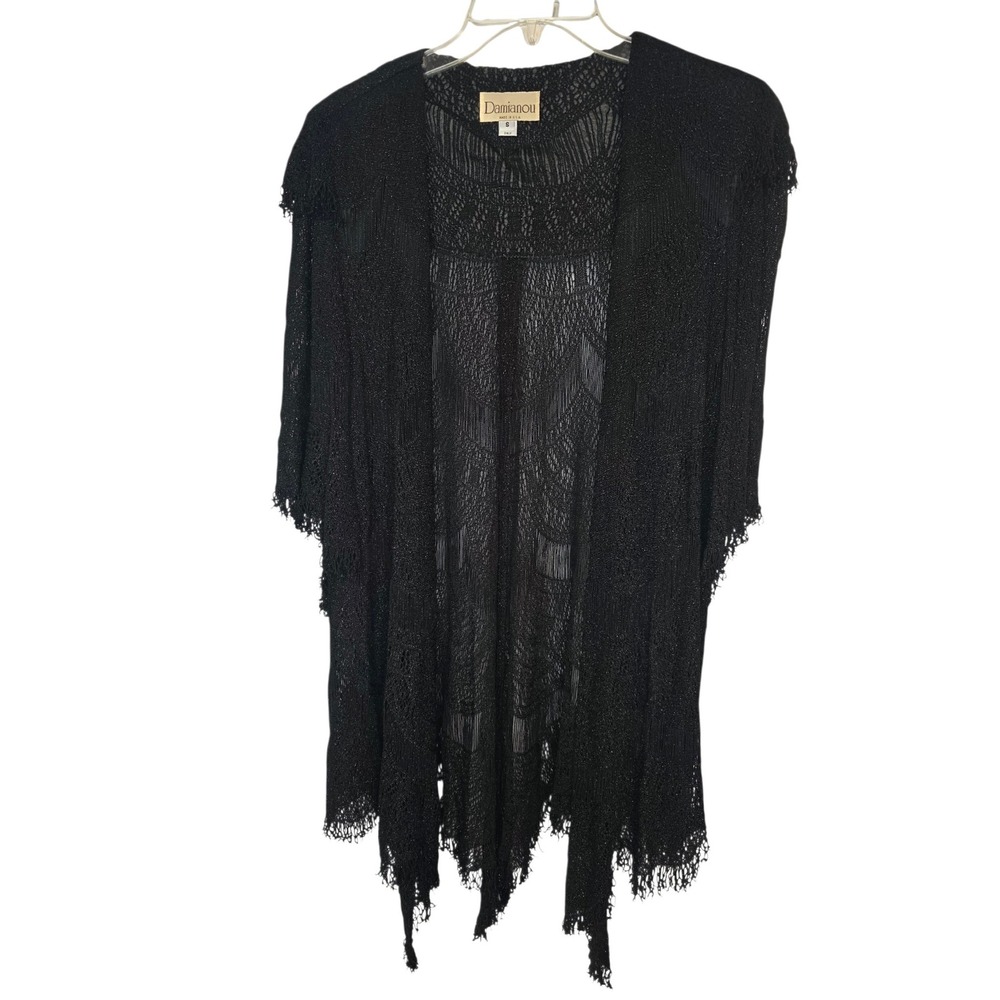 Damianou Black Metallic Knit Fringe Open Front Cardigan Shrug Made in USA Small